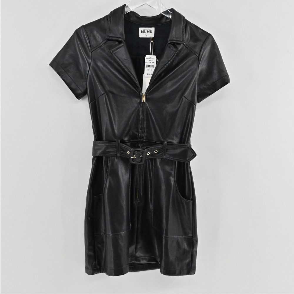 Show Me Your Mumu Outlaw Mini Dress Womens Size S Black Faux Leather Belted Moto
